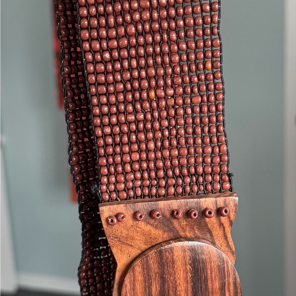 Brown Beaded Belt with Wooden Buckle
